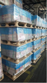 Side view with waterproof coating of pressed wood pallet ID-3027 | Water-resistant material suitable for cold chain storage