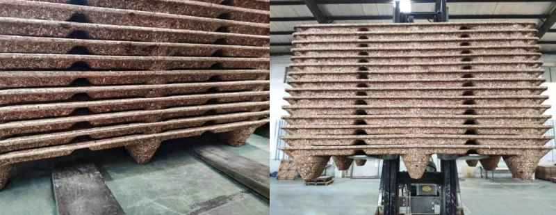 Side view of pressed wood pallet ID-3258 | High load capacity for industrial warehouse use