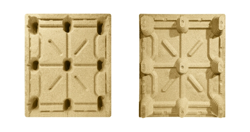 High-resolution side view of a molded wood pallet for warehouse storage