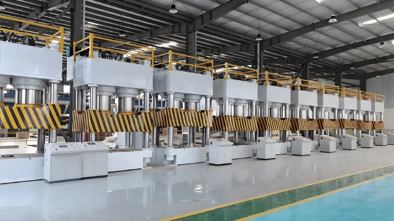 Sawdust pallet making machine line: row of 1600T three-beam four-column presswood pallet hydraulic hot presses in a clean facility.
