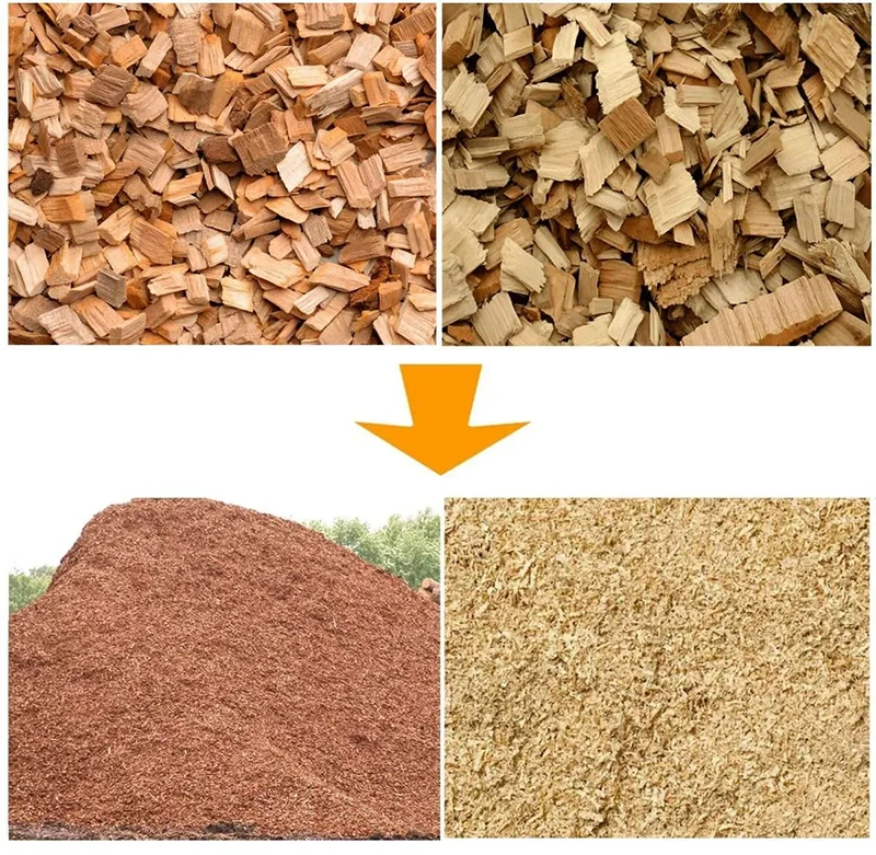 Rotating Blade Wood Crusher input-output comparison: bulky wood chips become fine sawdust for recycling-yard volume reduction
