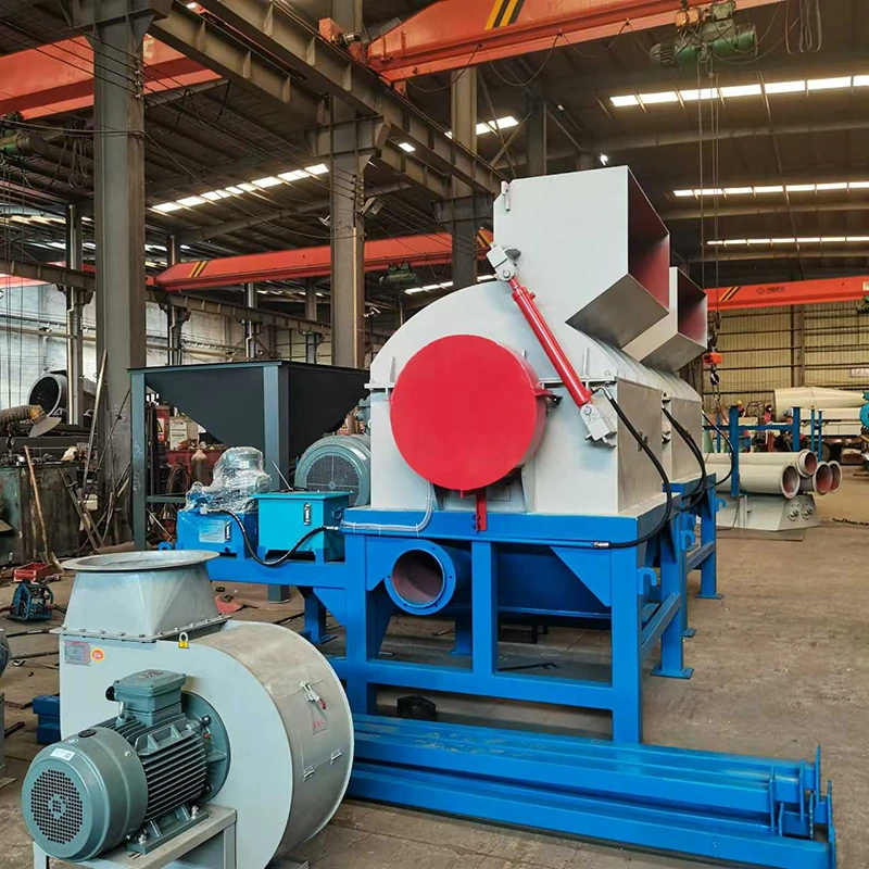 Wood chip crusher single unit with belt conveyor feed motor and airflow duct for continuous wood waste reduction