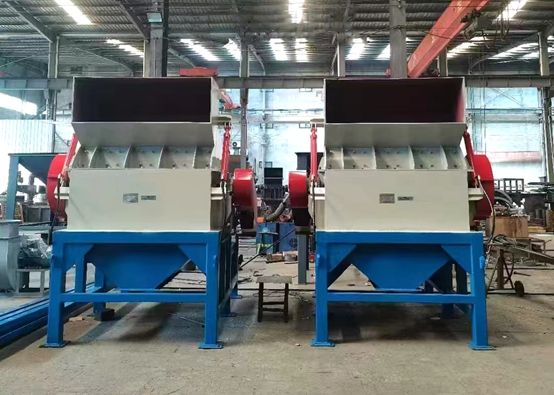 Wood Crusher with Adjustable Screen double-unit front view showing hopper infeed and reinforced housing for nail-heavy feedstock