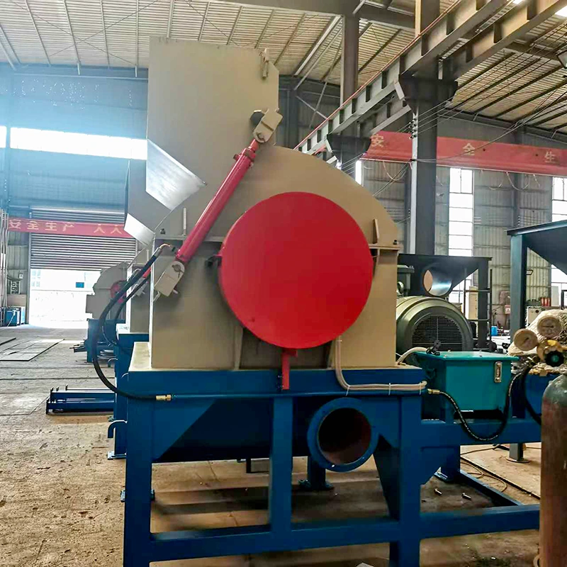 PULVZ Wood Crushing Machine side view: red high-inertia rotor, heavy-duty hammers and replaceable screen for ≤5mm pellet feedstock