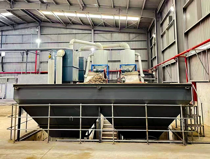 Wood pallet crusher line with cyclone separator and recovered wood bin feeds EUDR and SBP-ready pellet mills.