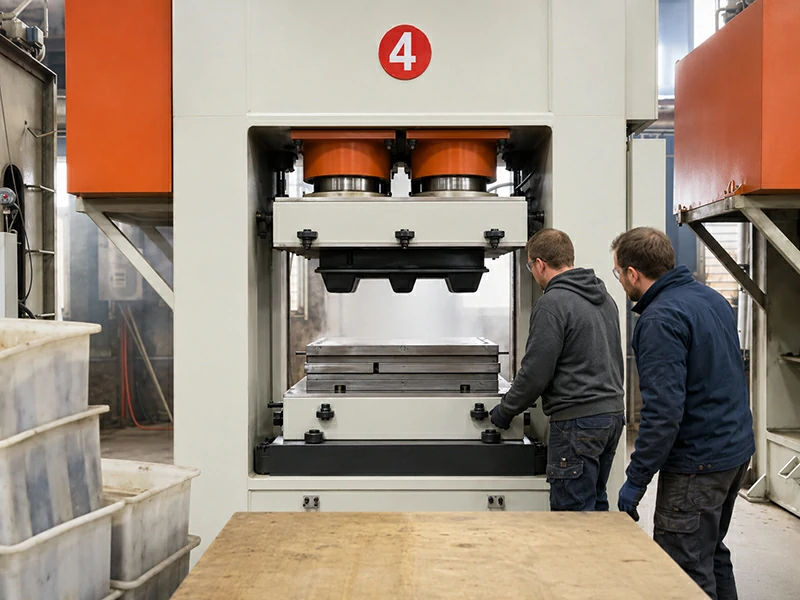 Molded pallet hydraulic press machine mold workstation forming recycled fiber pallets during factory installation