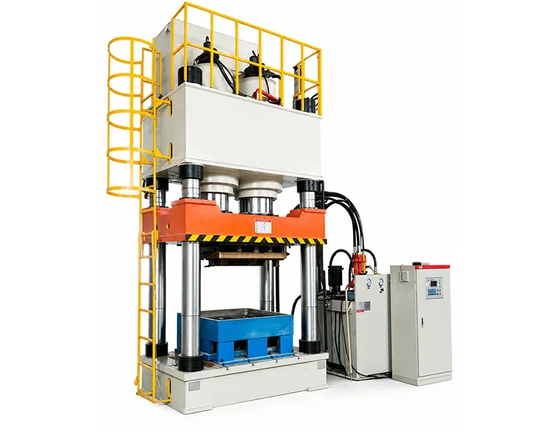 Wood pallet hydraulic press Y32 three-beam four-column machine showing top beam, slide and worktable with four solid columns, safety ladder and control cabinet