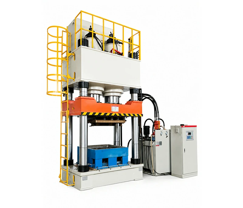 Wood pallet hydraulic press Y32 three-beam four-column machine showing top beam, slide and worktable with four solid columns, safety ladder and control cabinet