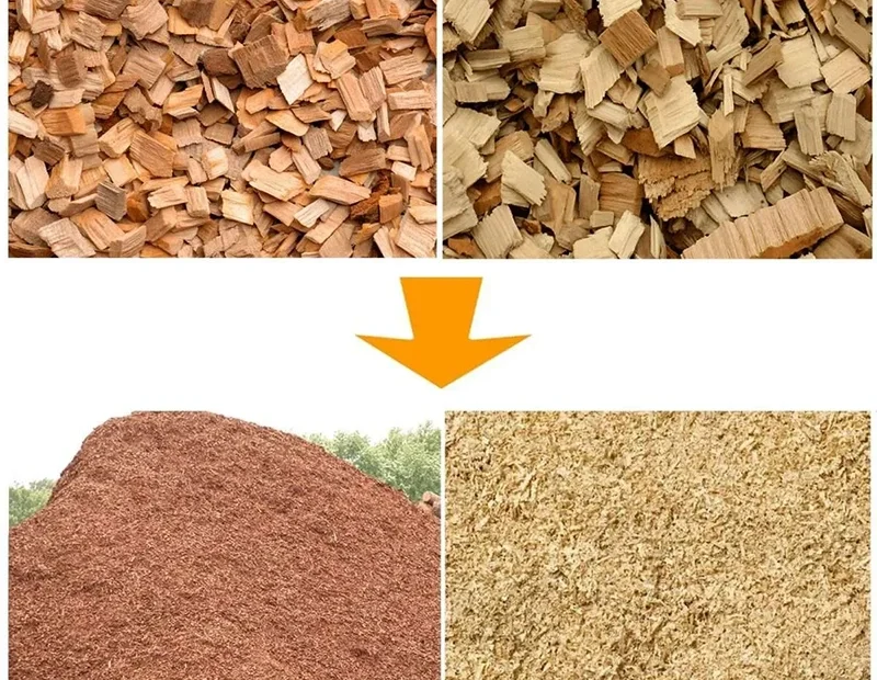 Coarse wood chips and fine shredded biomass shown for industrial size reduction comparison