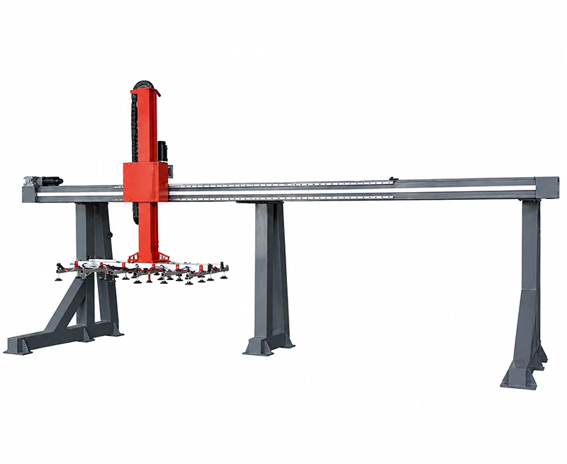Long-span automated gantry vacuum lifter with multi-cup gripper for sheet handling.