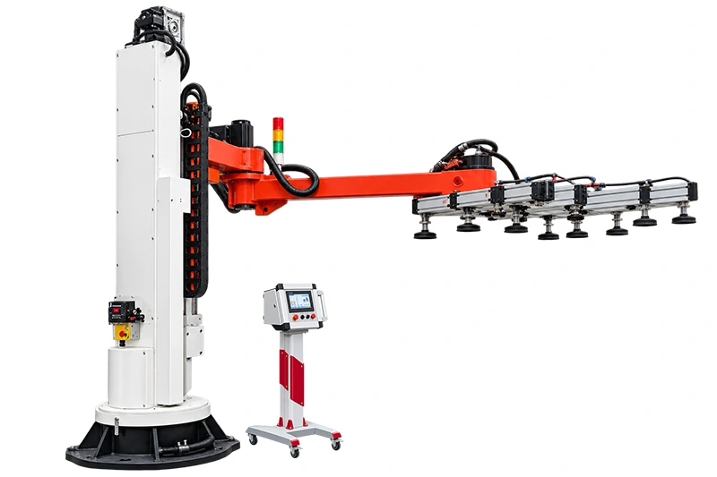 Studio photo of a floor-mounted vacuum lifting arm with multi-cup sheet-handling beam and mobile control pedestal