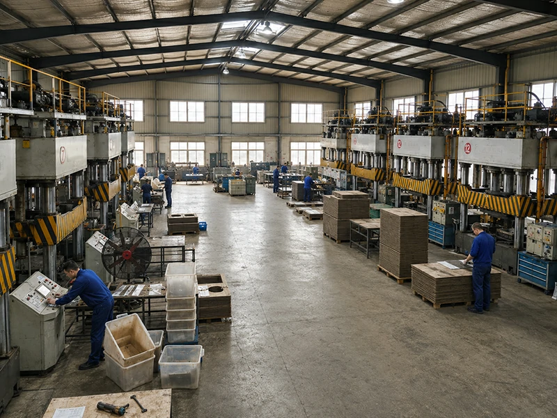 molded pallet press producing finished molded wood pallets from recycled residue
