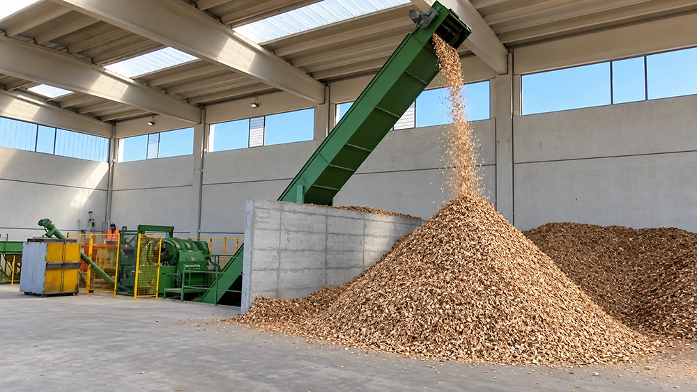 Indoor wood chip handling line with green inclined conveyor discharging shredded biomass into storage piles