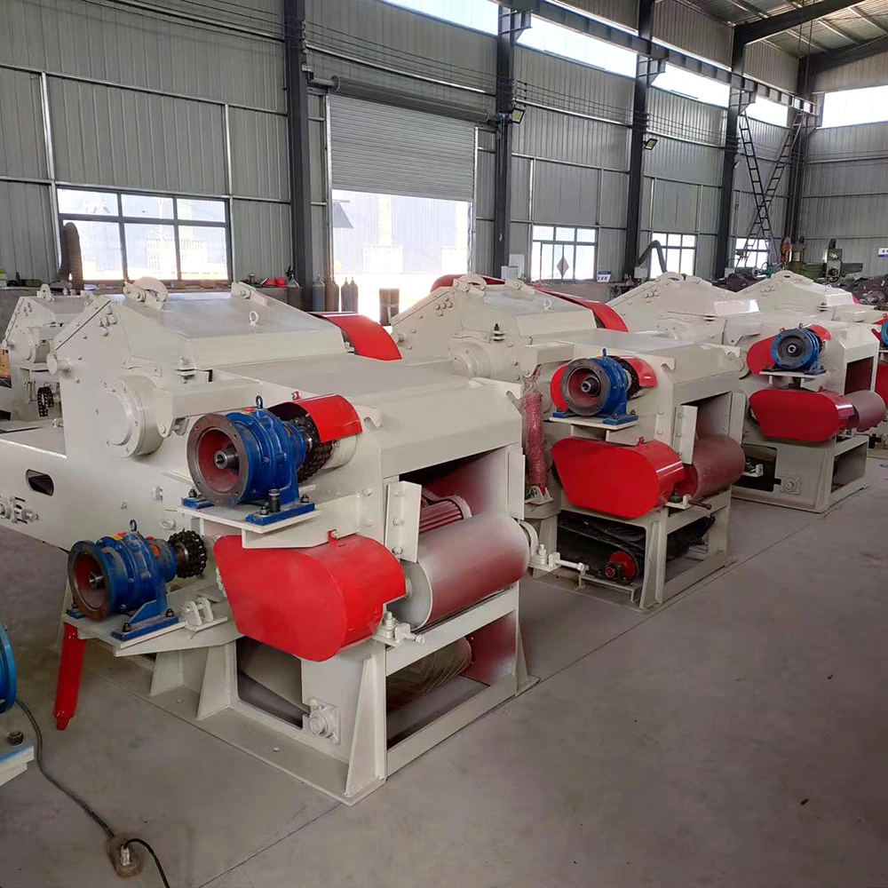 Rotary drum chipper fleet feeding a presswood pallet production line for continuous wood-to-chip preparation