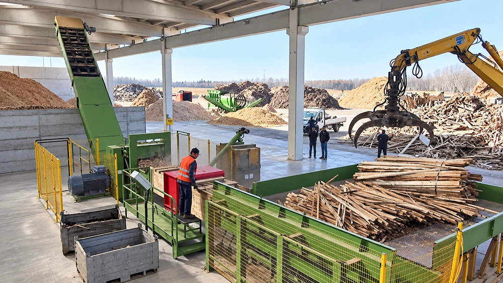 Drum type wood chipper line fed by hydraulic grapple from on-site timber scrap piles inside a guarded plant