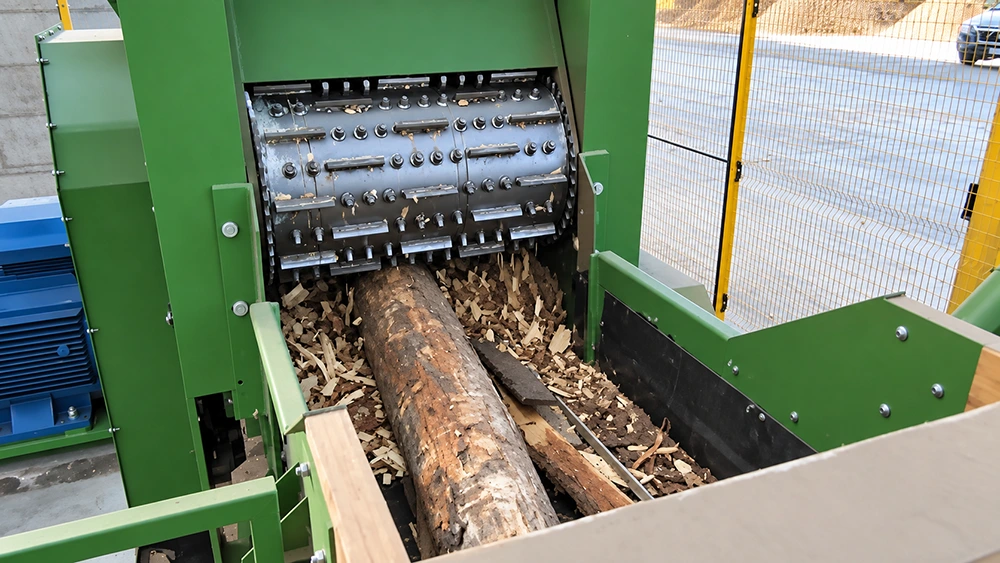 Industrial wood chipper rotor with bolt-on cutting knives feeding a log in a guarded plant