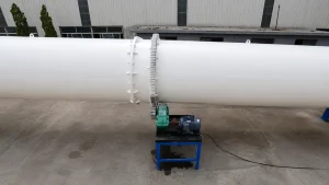 White horizontal 17 to 18 m rotary drum dryer shell with external girth gear, pinion drive, gearbox and motor for continuous Malaysia monsoon duty