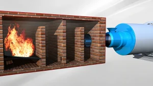 3D cutaway rendering of a brick-lined industrial drying furnace with burner assembly and internal baffles