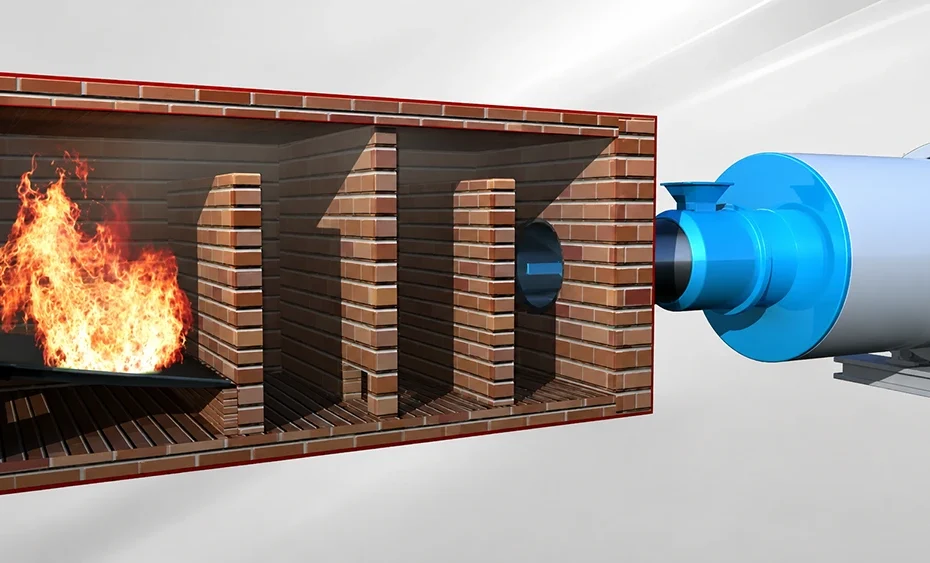 3D cutaway rendering of a brick-lined industrial drying furnace with burner assembly and internal baffles