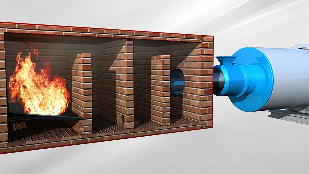 3D cutaway rendering of a brick-lined industrial drying furnace with burner assembly and internal baffles