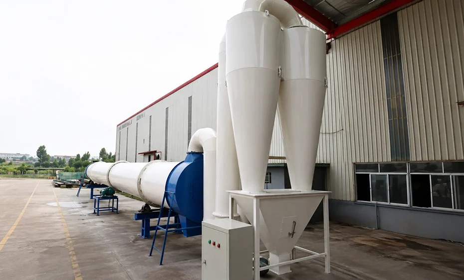 Industrial rotary drum dryer with twin cyclone separators and conical dust collection hopper