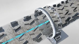 Transparent rotary drying drum with internal lifting flights, granular material, ring gear, and drive support