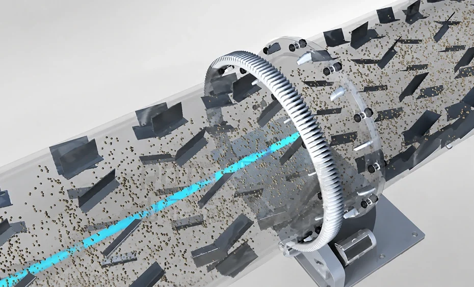 Transparent rotary drying drum with internal lifting flights, granular material, ring gear, and drive support