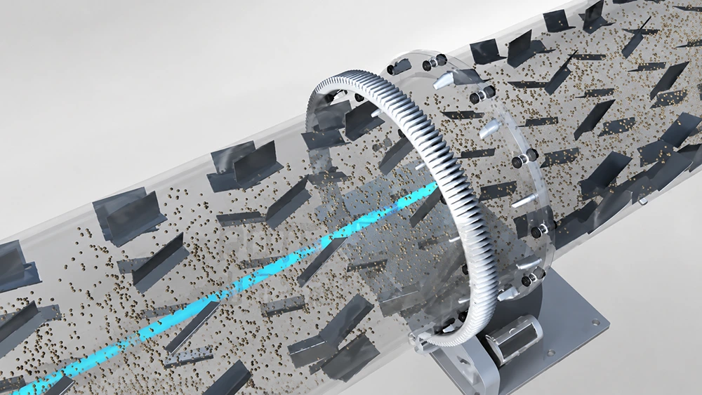 Transparent rotary drying drum with internal lifting flights, granular material, ring gear, and drive support