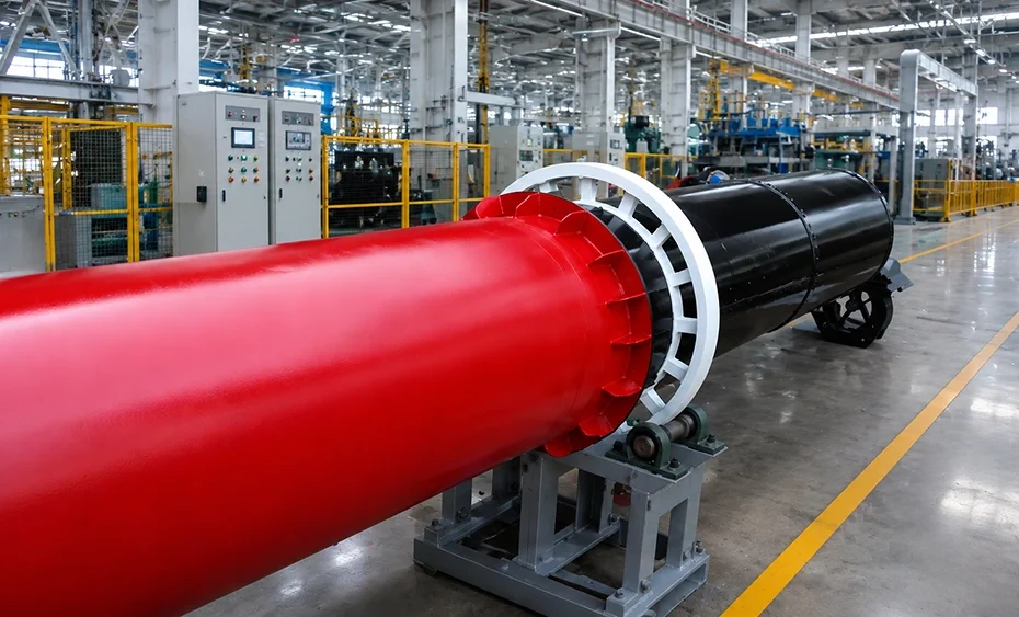 Red and black cylindrical drum assembly on steel roller supports in an industrial production hall
