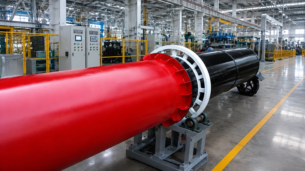 Red and black cylindrical drum assembly on steel roller supports in an industrial production hall