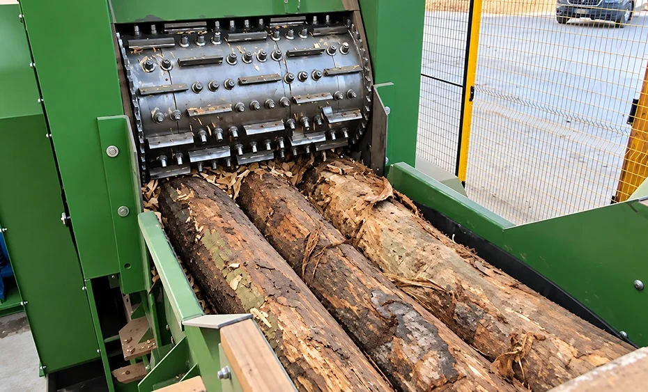BX215 wood chipper drum cutter rotor feeding three bark-covered logs through a guarded feed chute for binder-free pellet plant chip prep
