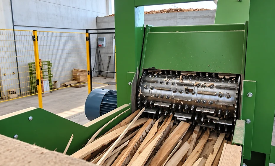 BX215 wood chipper horizontal knife rotor processing wooden strips in a guarded feed chamber