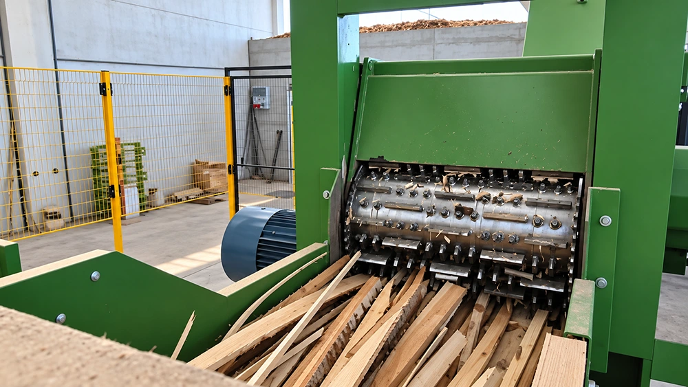 BX215 wood chipper horizontal knife rotor processing wooden strips in a guarded feed chamber