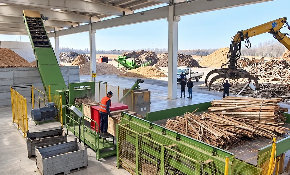 Wood chip making machine at a sawmill handling slabs, offcuts and edgings from the green chain