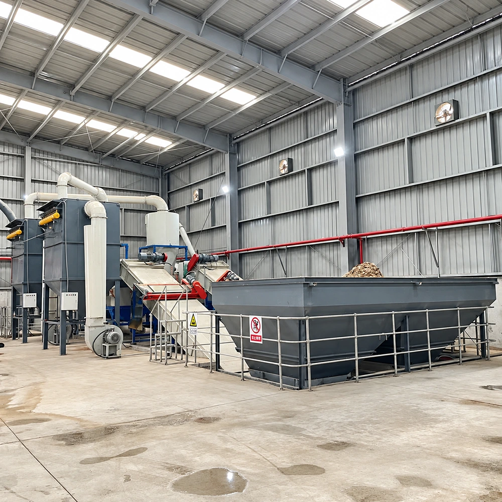 Industrial waste processing line with heavy-duty steel feed hopper, inclined conveyors, and dust extraction ducts