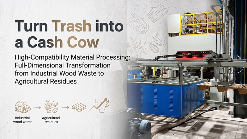 Material processing slide showing bio-fiber waste transformation combined with automatic robotic demolding grabber.