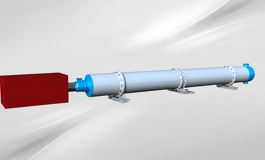 3D rendered horizontal tube dryer with drive motor, bolted flanges, end housings, and support saddles