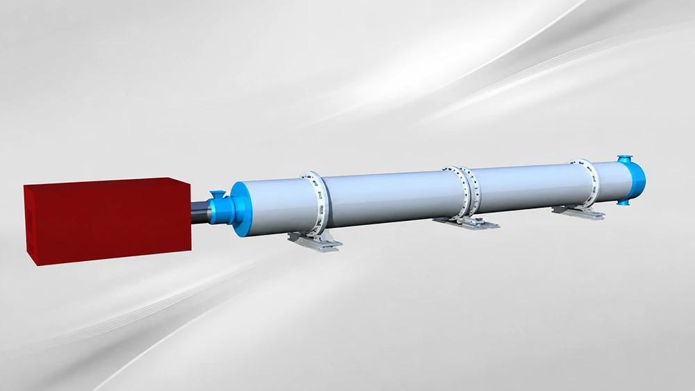 3D rendered horizontal tube dryer with drive motor, bolted flanges, end housings, and support saddles