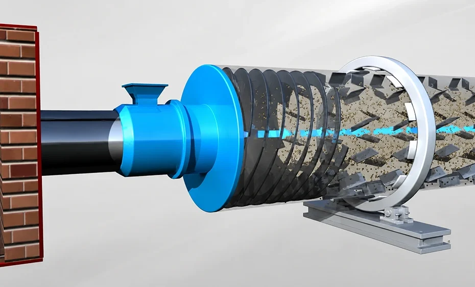3D-rendered horizontal screw dryer with blue drive flange, enclosed helical rotor, granular material, and support frame