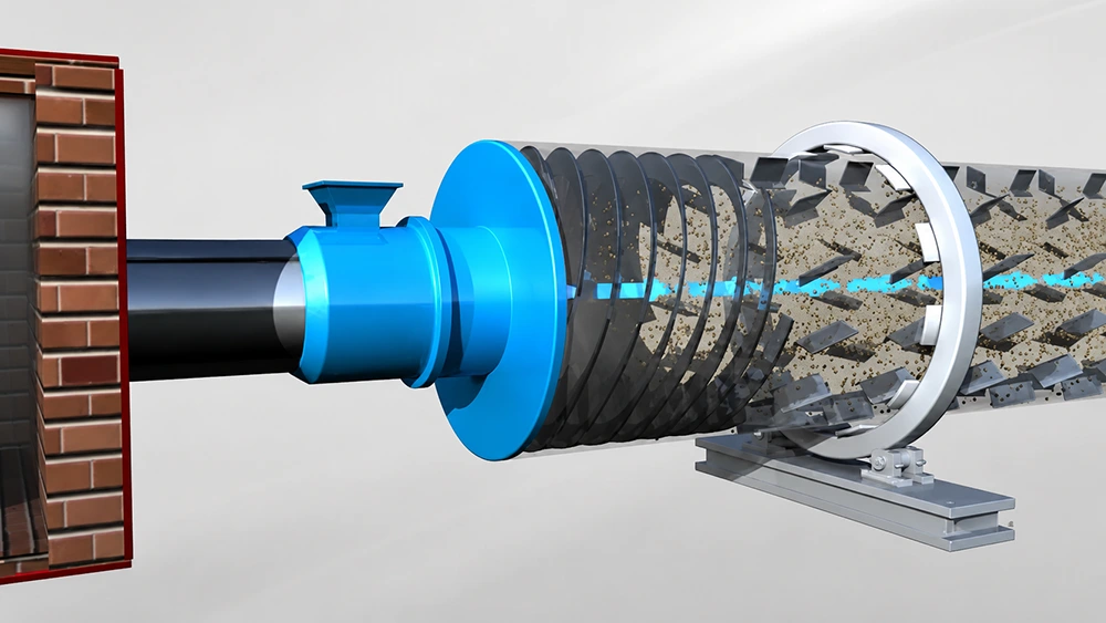 3D-rendered horizontal screw dryer with blue drive flange, enclosed helical rotor, granular material, and support frame