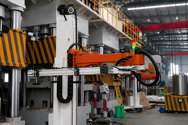 Factory-installed gantry handling robot with cable chain, beacon light, and heavy-duty press integration