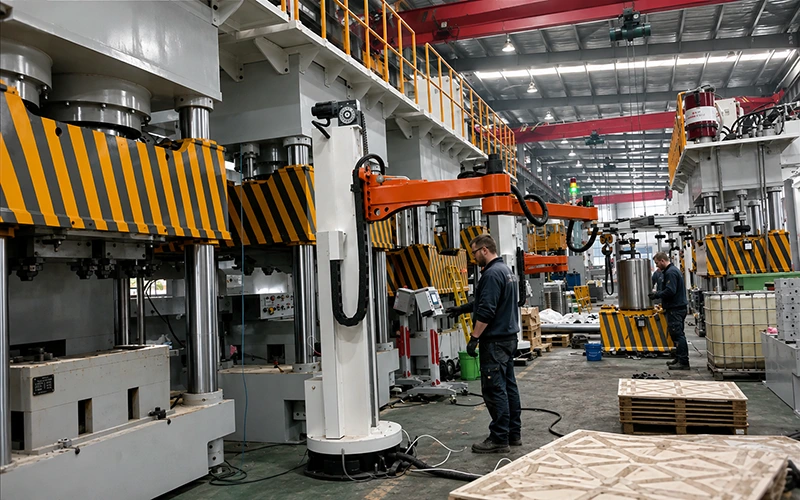 Factory-floor shot of a heavy-duty automated press line with orange industrial robot and safety guarding.