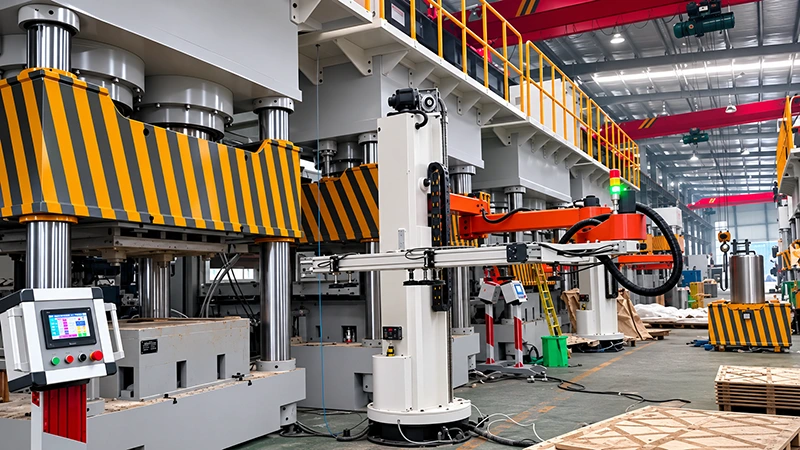 Multi-column hydraulic press line with a robotic loading arm beside the press and a control console in the factory floor for automatic pallet take-out