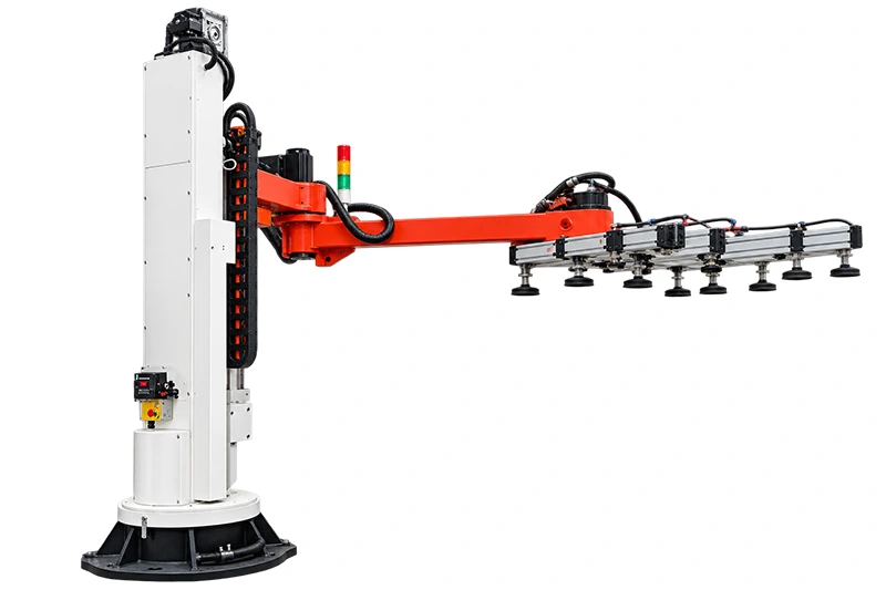 Column-mounted vacuum lifter with articulated boom, multi-suction pad head, and cable management chain