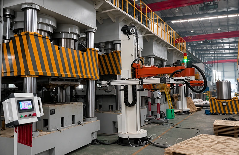 Heavy-duty four-column hydraulic press with automated loading robot, safety guards, and control cabinet