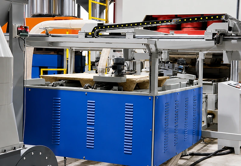 Industrial gantry automation station with cable chain, vacuum hoses, and blue sheet-metal enclosure