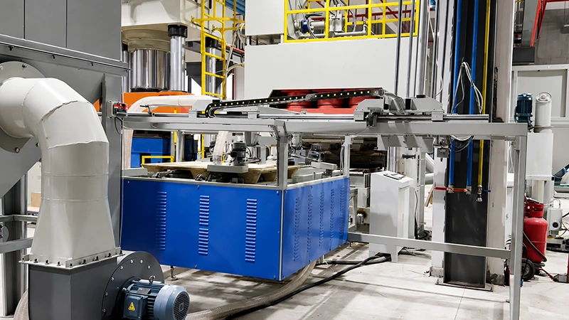 Industrial automation cell with linear gantry, cable carrier, sheet-metal guard, and ducted ventilation