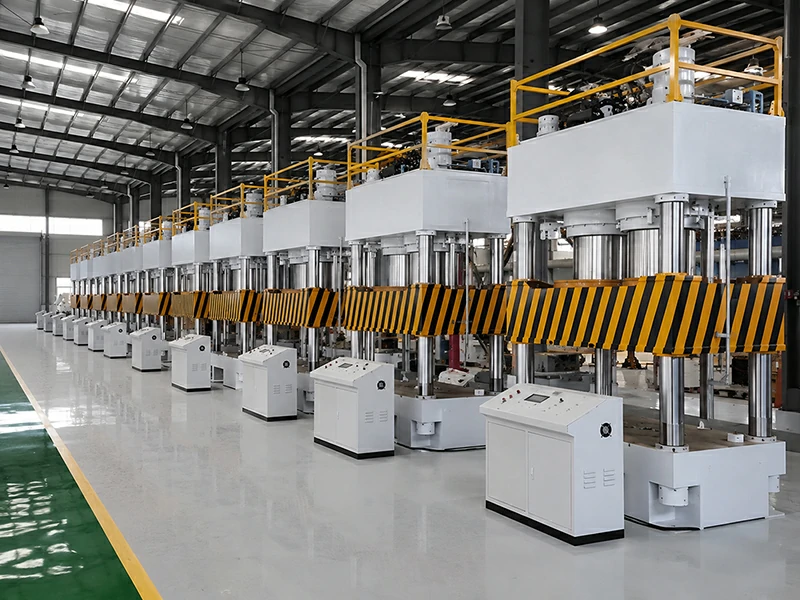 Row of four-post wood pallet hydraulic presses with safety guards and independent control cabinets on a molded pallet line