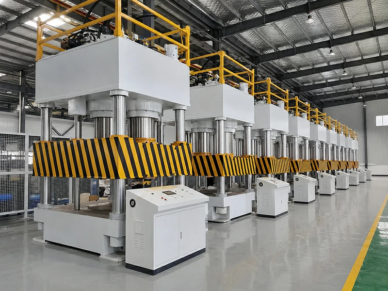 Row of wood pallet hydraulic press units with safety guards and independent control cabinets