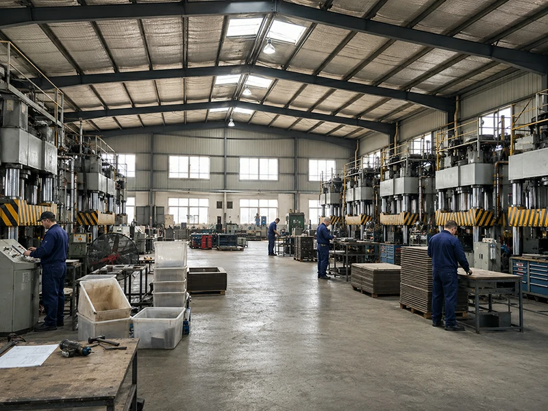Wood pallet hydraulic press stations along a factory floor with operators, control cabinets and stacked workpieces